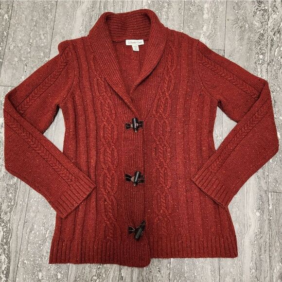 🇬🇪🔹️Coldwater Creek Rusty Red Cable Knit Cardigan Sweater Medium - Picture 1 of 12